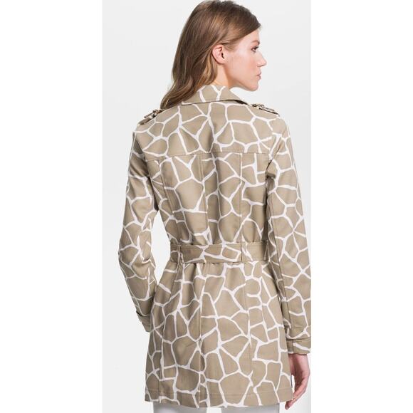 Michael Kors Double Breasted Trench Coat Tan White Mid Length Safari Animal Med - Picture 3 of 16